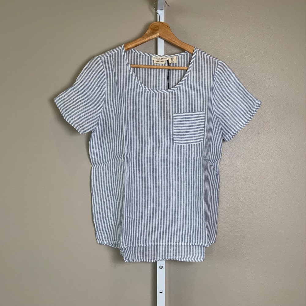 Christian Siriano Striped Short Sleeve Linen Top - Picture 3 of 16
